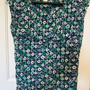 Kenneth Cole New York Blue & Green  Floral Cap Sleeve Mesh Side-Ruched Shirt